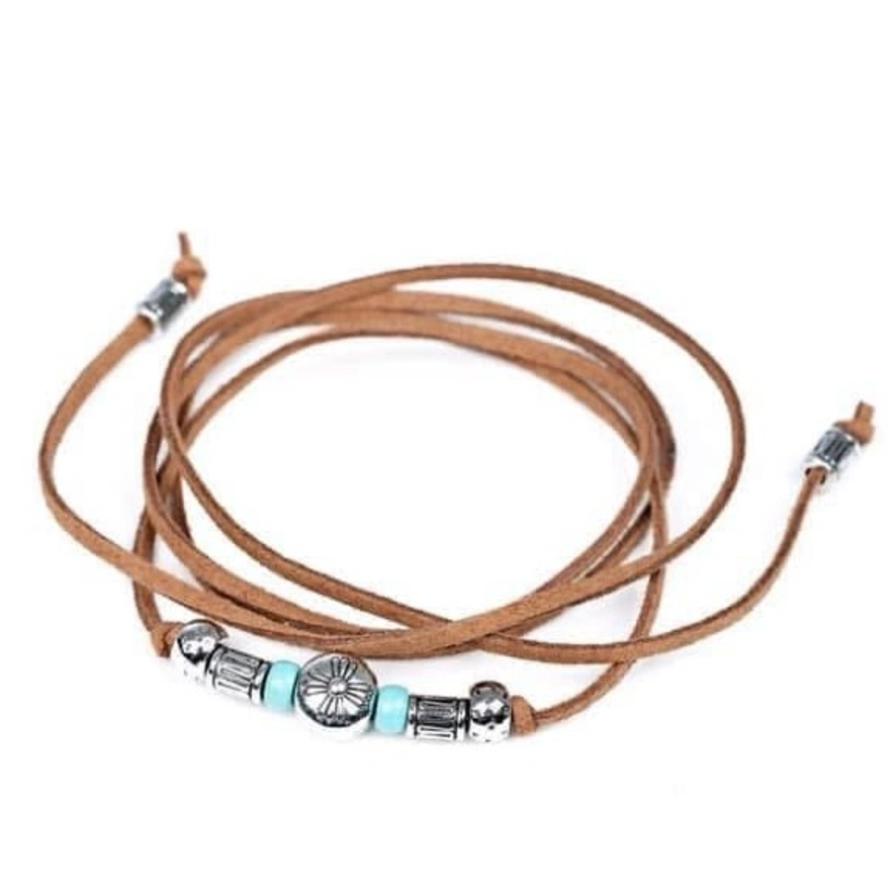 Suede tie on bracelet with silver and turquoise beads